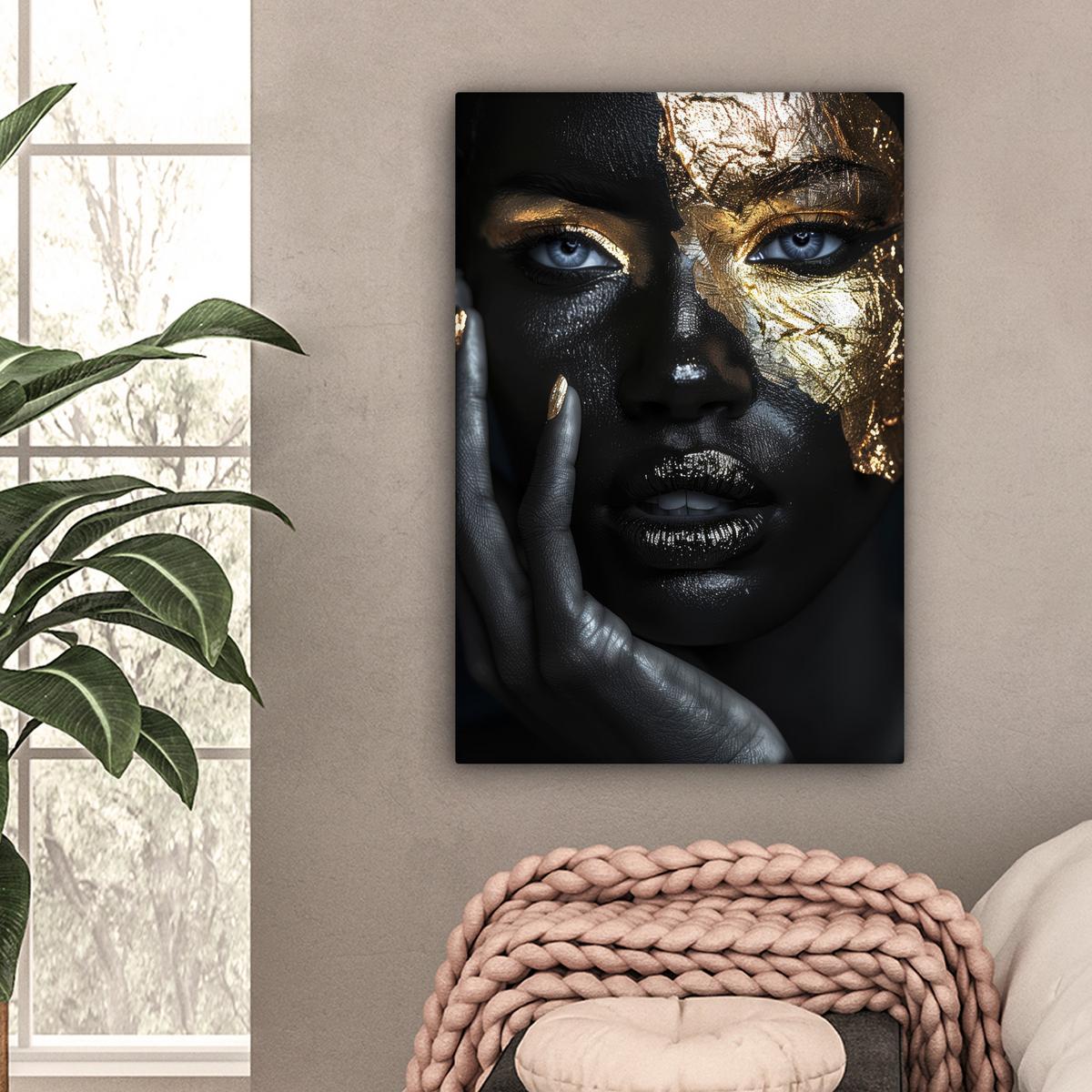 LEINWANDBILD Frau - Gold - Porträt - Schwarz-Weiß - Luxus Wanddeko Schlafzimmer 60x90 cm - Hellblau, Textil (60/90cm) - MuchoWow