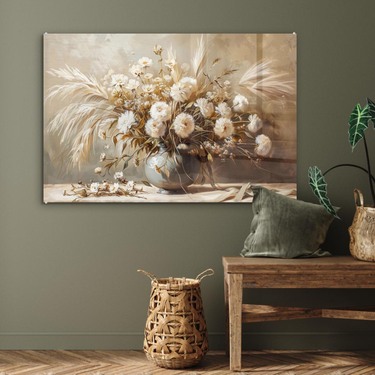 ACRYLGLASBILD Blumen - Vase - Stilleben - Beige Wandbild Schlafzimmer 120x80 cm - Creme, Glas (120/80cm) - MuchoWow
