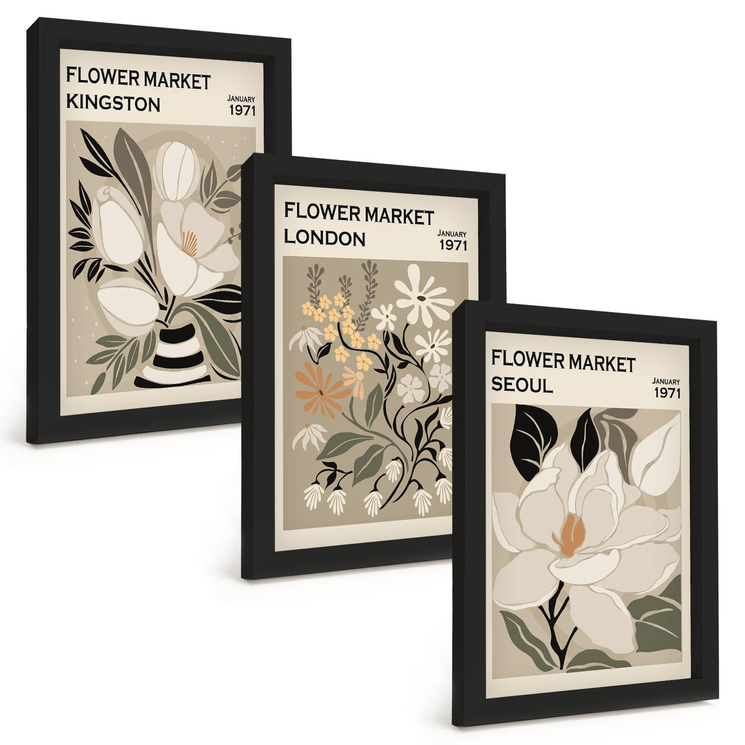 BILDER SET 3er Set - 20x30 cm Schwarzer Rahmen - Retro-Blumen aus Städten rund um die Welt - Schwarz, Kunststoff (20/30cm) - TULUP