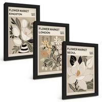 BILDER SET 3er Set - 20x30 cm Schwarzer Rahmen - Retro-Blumen aus Städten rund um die Welt - Schwarz, Kunststoff (20/30cm) - TULUP