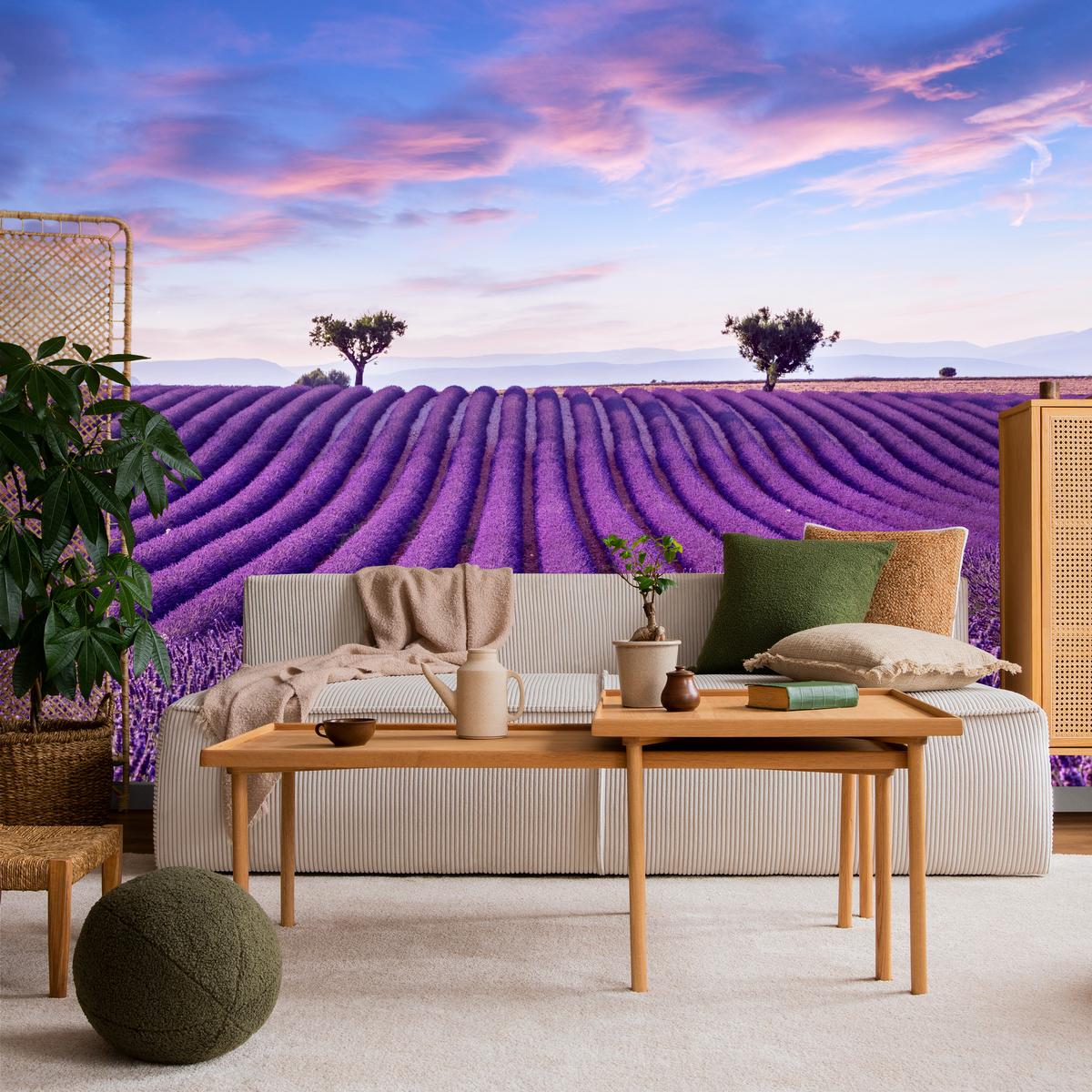 FOTOTAPETE für Küche Lavendelfeld Lila Natur Sträucher 400x280 - Blau/Violett, Papier (400/280cm) - Muralo