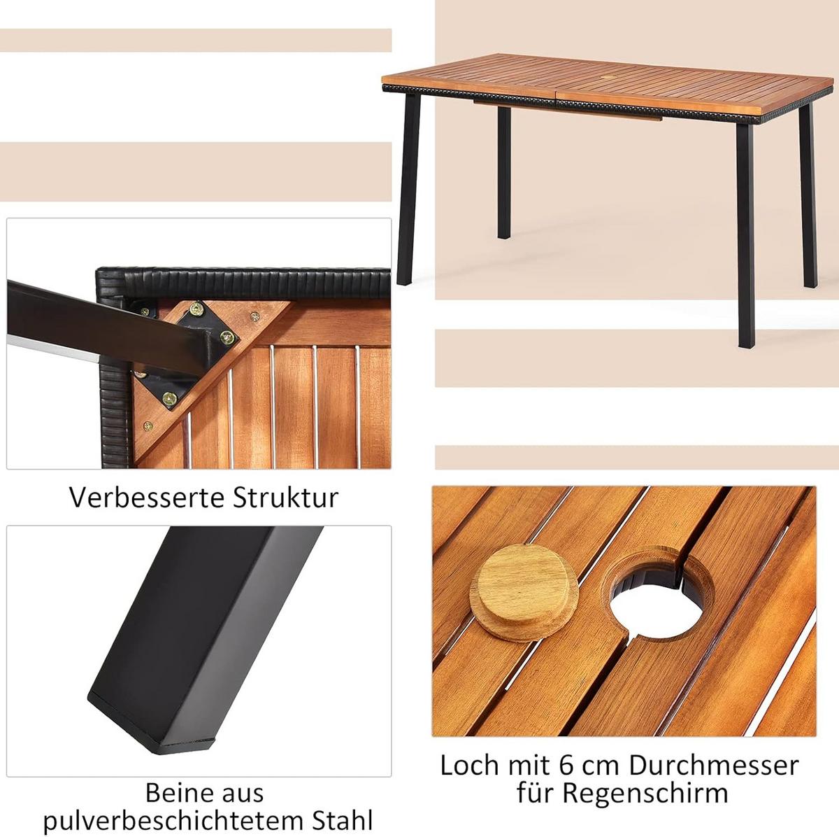 GARTENTISCH Esstisch mit Schirmloch Braun - Braun, Metall (75/140/76cm) - COSTWAY
