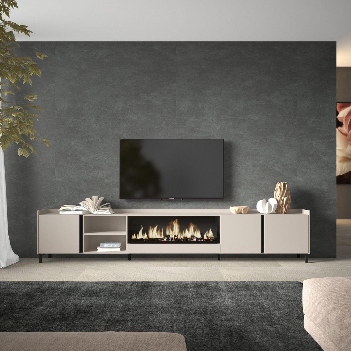 LOWBOARD, Beige, 315/35/61cm, Kamin mit Feuereffekt XXL - Beige, Holzwerkstoff (315/61/35cm) - Skraut Home