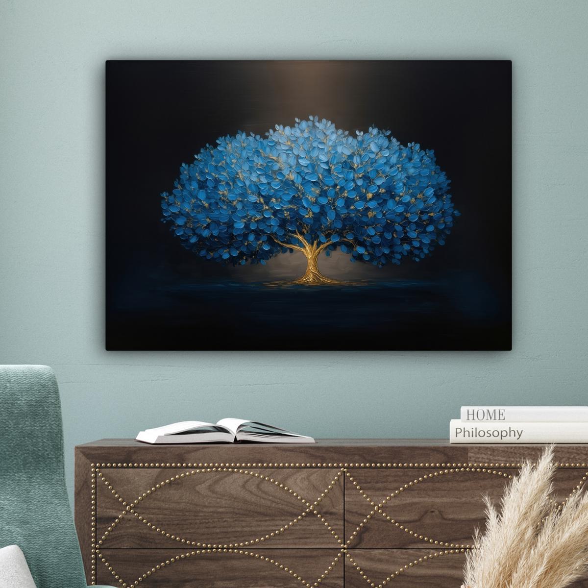 LEINWANDBILD Baum - Blau - Blätter - Pinselstriche Wandbilder 80x60 cm - Blau, Textil (80/60cm) - MuchoWow