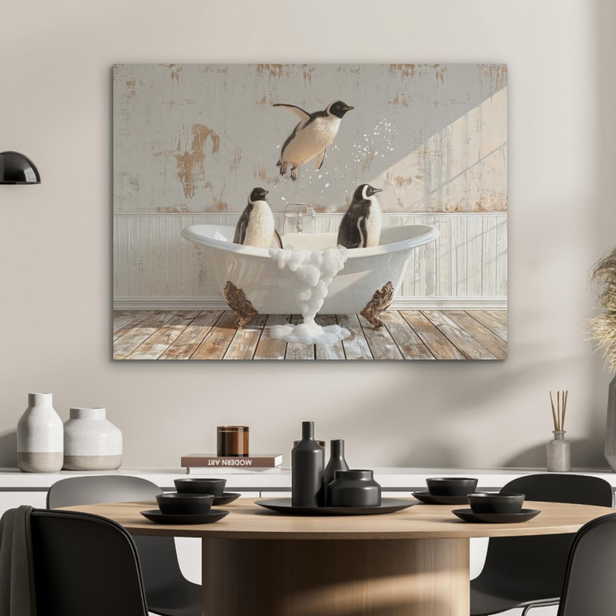 AKUSTIKBILD Vintage - Pinguin - Badewanne - Schaumstoff Gemälde 80x60 cm - Schwarz, Kunststoff (80/60/0.9cm) - MuchoWow