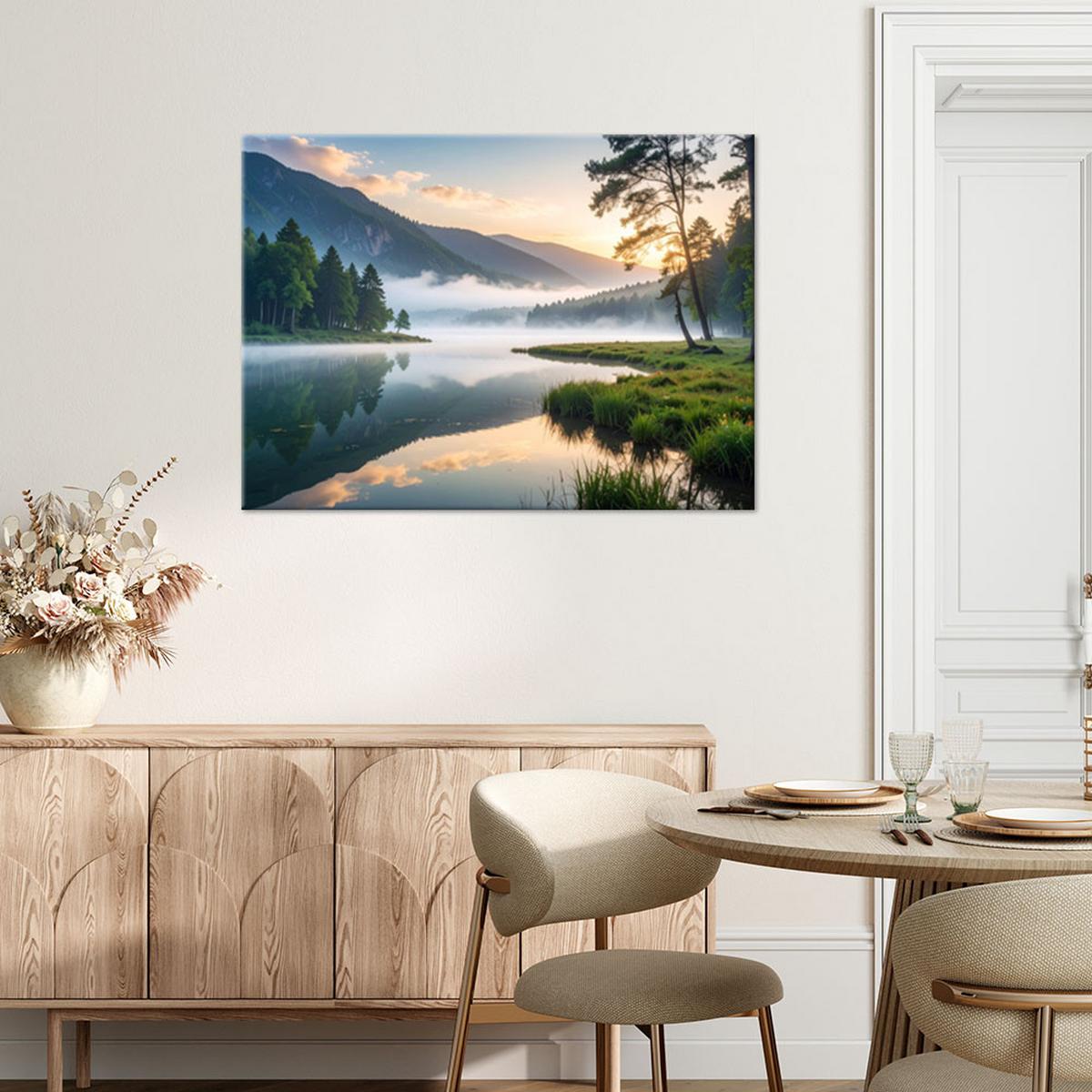 LEINWANDBILD Aussicht See Wald im Nebel 90x60cm - Blau, Textil (90/60cm) - Feeby
