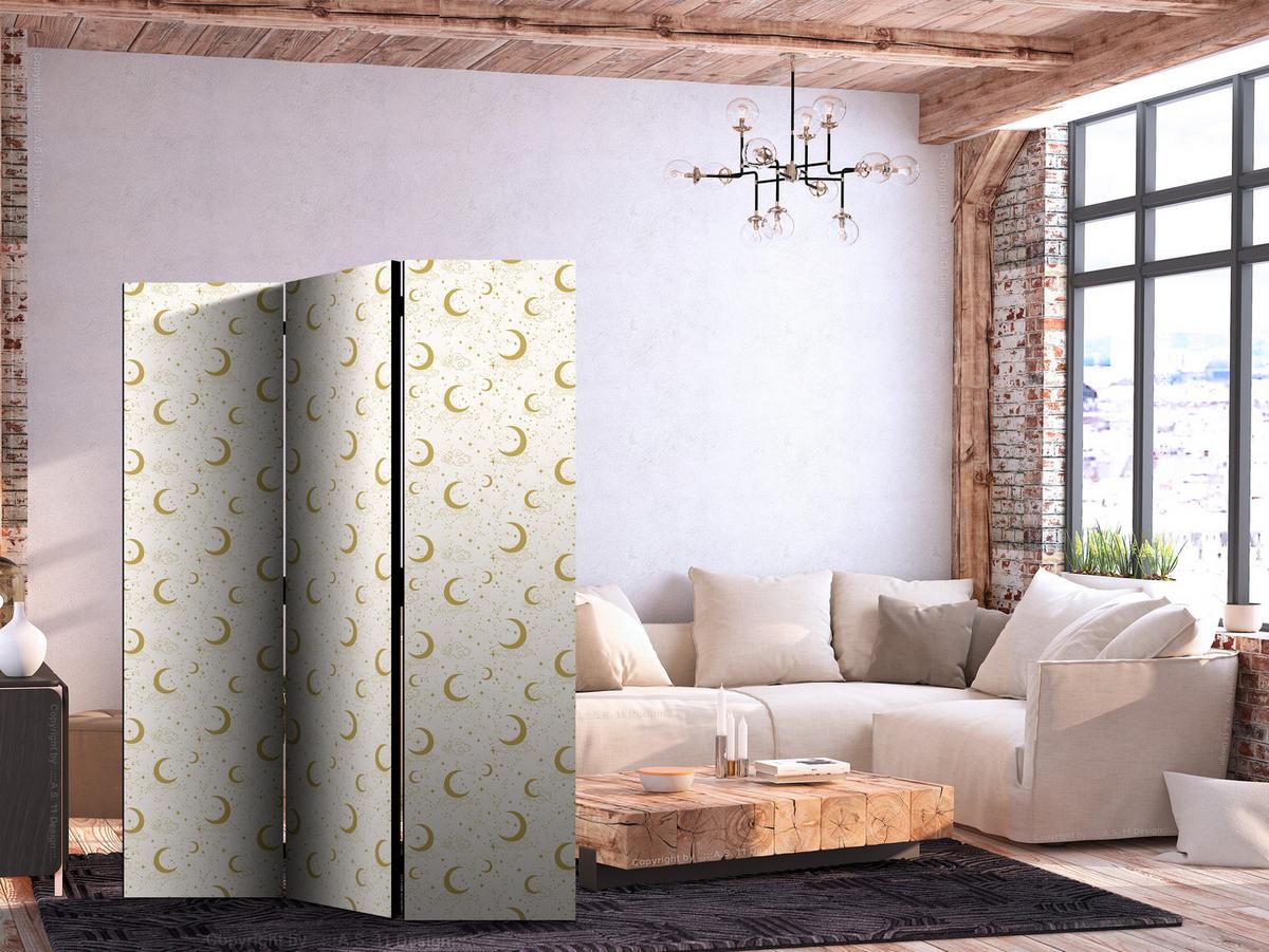PARAVENT Beidseitig Bedruckter 3-tlg 135x172 cm Mond Sterne Boho Stil - Beige, Holz/Textil (135/172/3cm) - Muralo