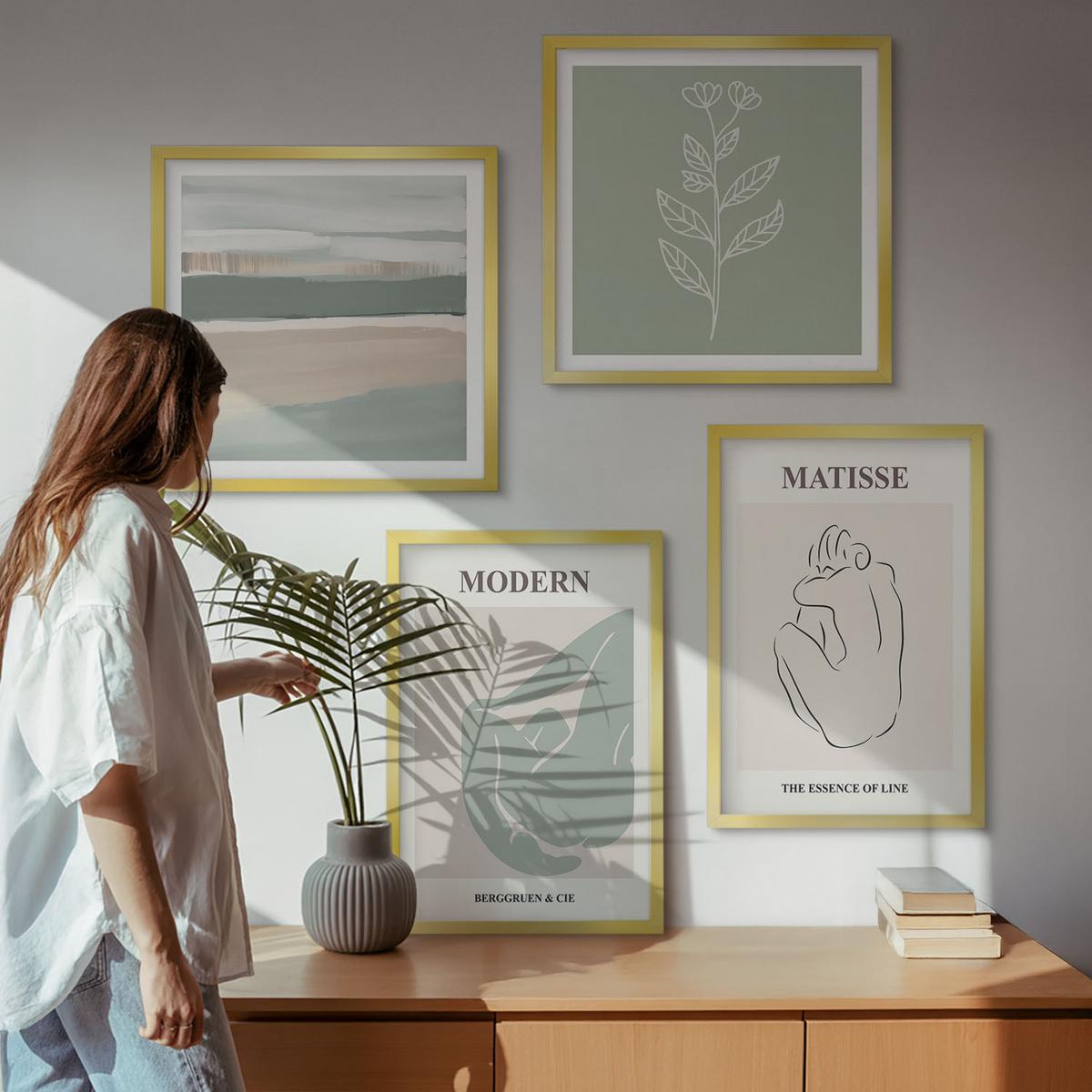 BILDER SET 4er Set - 50x50 cm & 40x60 cm Goldrahmen - Abstrakte Pflanzenformen - Goldfarben, Kunststoff (50/50cm) - TULUP