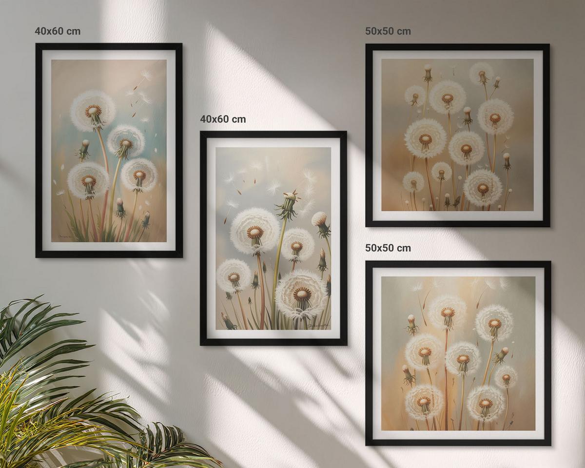 BILDER SET 4er Set - 50x50 cm & 40x60 cm Schwarzer Rahmen - Pastellfarbene Löwenzahnblüten - Schwarz, Kunststoff (50/50cm) - TULUP