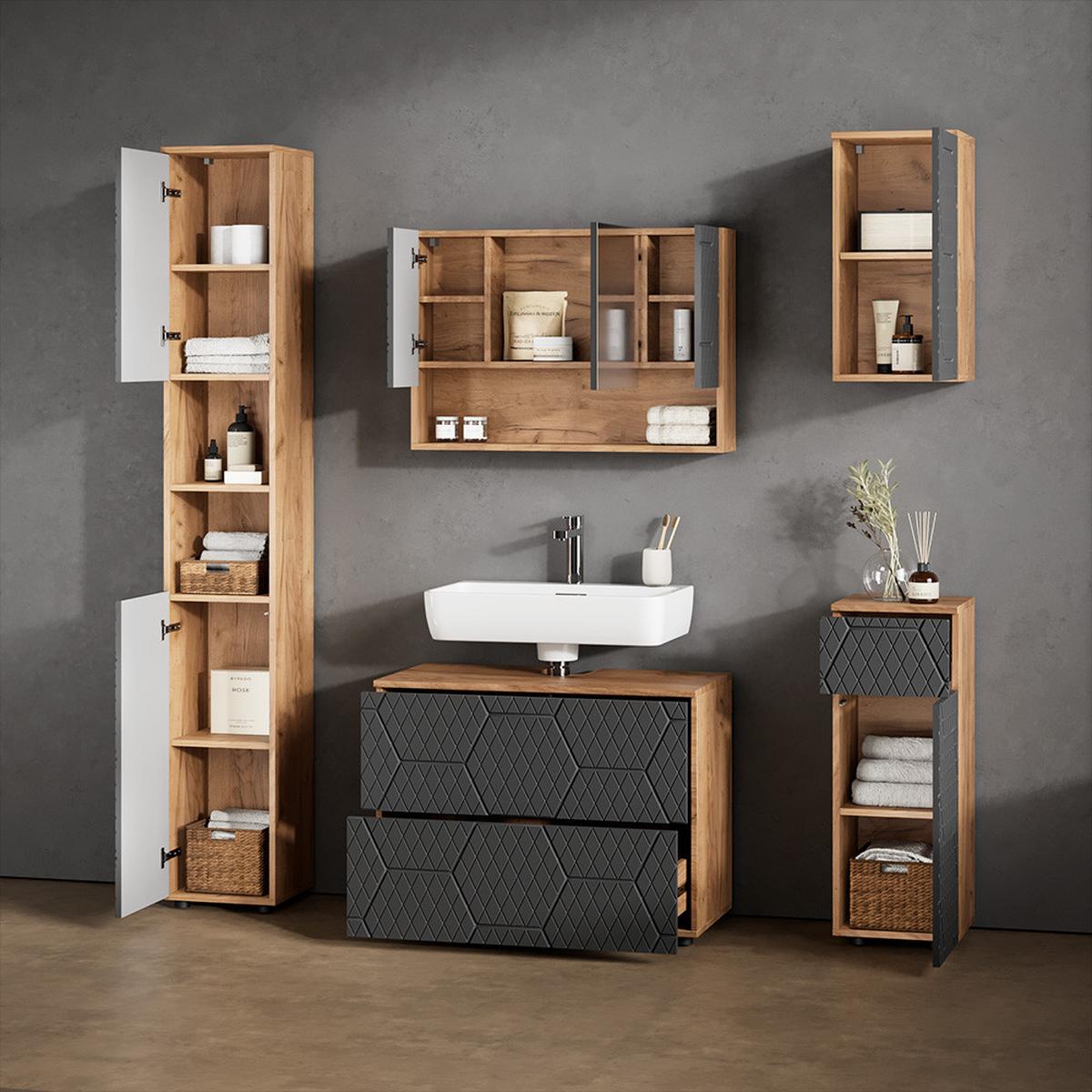 WASCHBECKENUNTERSCHRANK Ronco Anthrazit mit Wabenstruktur 80 x 58.6 cm mit 2 Schubladen - Anthrazit, Holzwerkstoff (80/58.6/41cm) - Livinity®