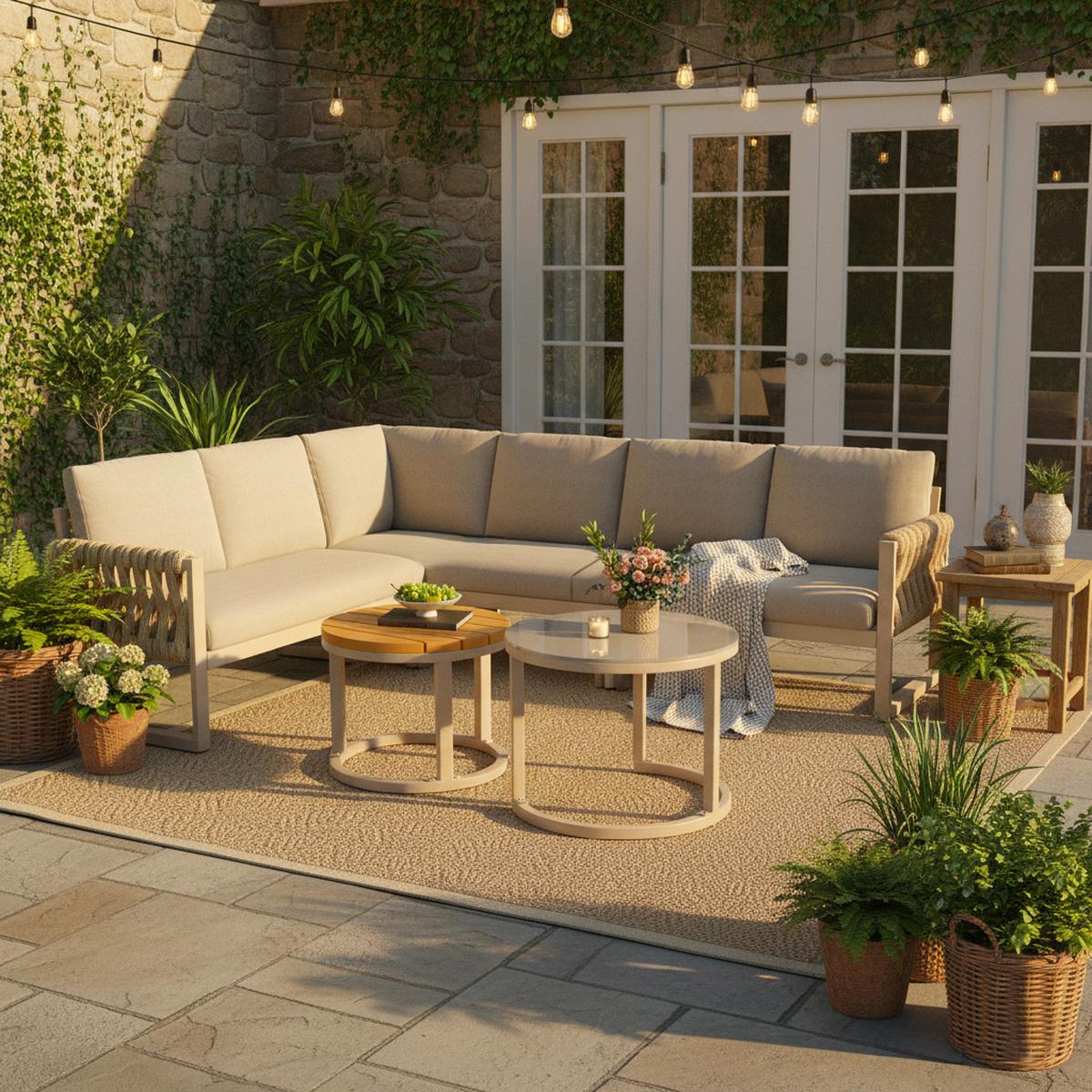 LOUNGEGARNITUR Metall Beige Ecksofa mit 2 Beistelltischen - Beige, Metall - Urban Meuble