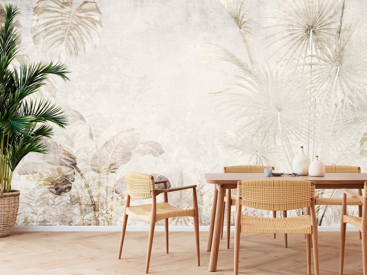 FOTOTAPETE für Wohnzimmer Tropisch Vintage Palmenblätter Beton 200x140 - Beige/Creme, Papier (200/140cm) - Muralo