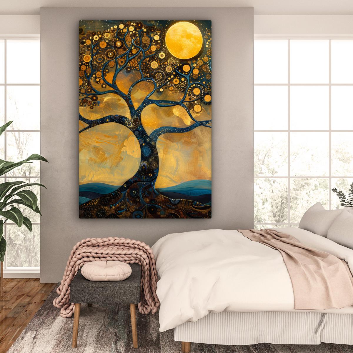 LEINWANDBILD Baum - Mond - Blumen - Gold - Kunst Deko Groß 90x140 cm - Orange, Textil (90/140cm) - MuchoWow