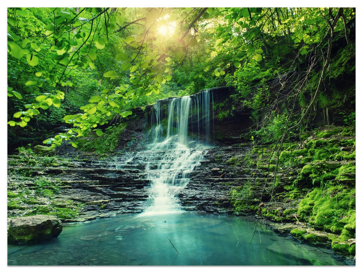 FOTOTAPETE für Schlafzimmer Türkisfarbener Wasserfall Wald Bäume Blätter Felsen 100x70 - Türkis/Blau, Papier (100/70cm) - Muralo