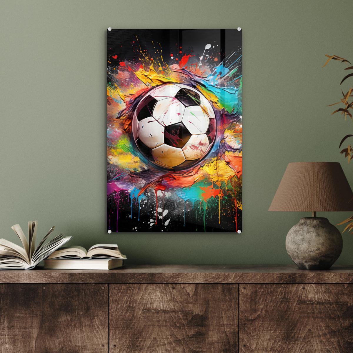 ACRYLGLASBILD Fußball - Farbe - Farben - Schwarz - Weiß Wanddeko Wohnzimmer 40x60 cm - Weiß, Glas (40/60cm) - MuchoWow