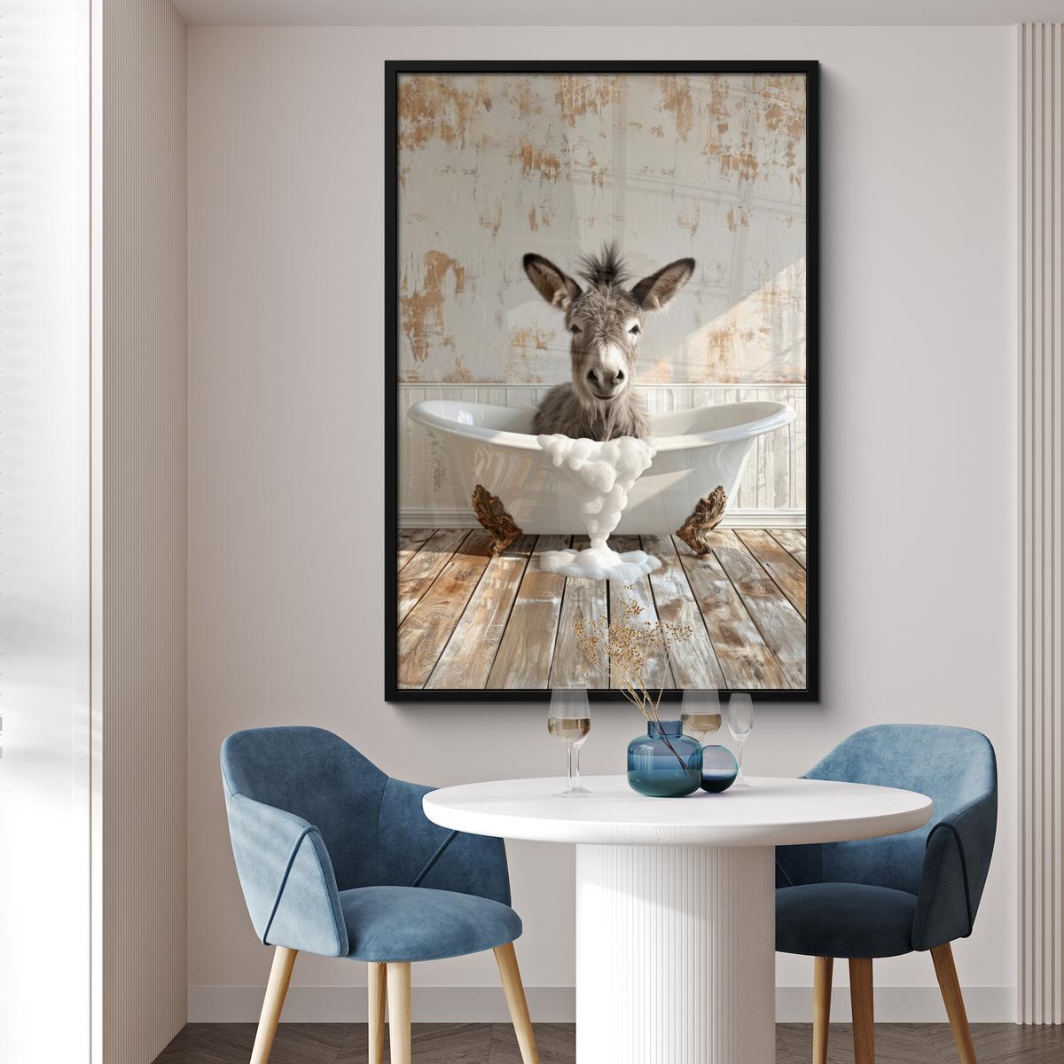 POSTER MIT RAHMEN Esel - Tiere - Badewanne - Schaumstoff Bilderleiste 80x120 cm - Weiß, Papier (80/120cm) - MuchoWow