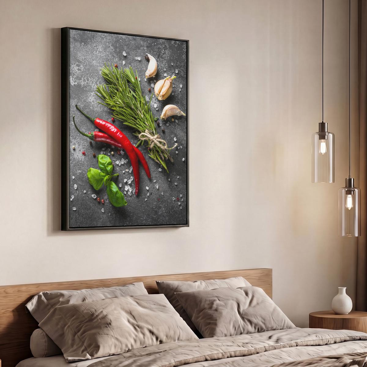 LEINWAND Bilder mit Rahmen - Pfeffer - Kräuter - Gewürze - Beton - 70x100 - Dunkelgrau, Textil (70/100cm) - MuchoWow