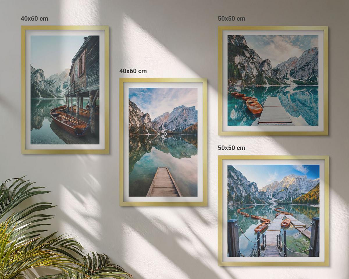BILDER SET 4er Set - 50x50 cm & 40x60 cm Goldrahmen - See Berge Holzboote - Goldfarben, Kunststoff (50/50cm) - TULUP