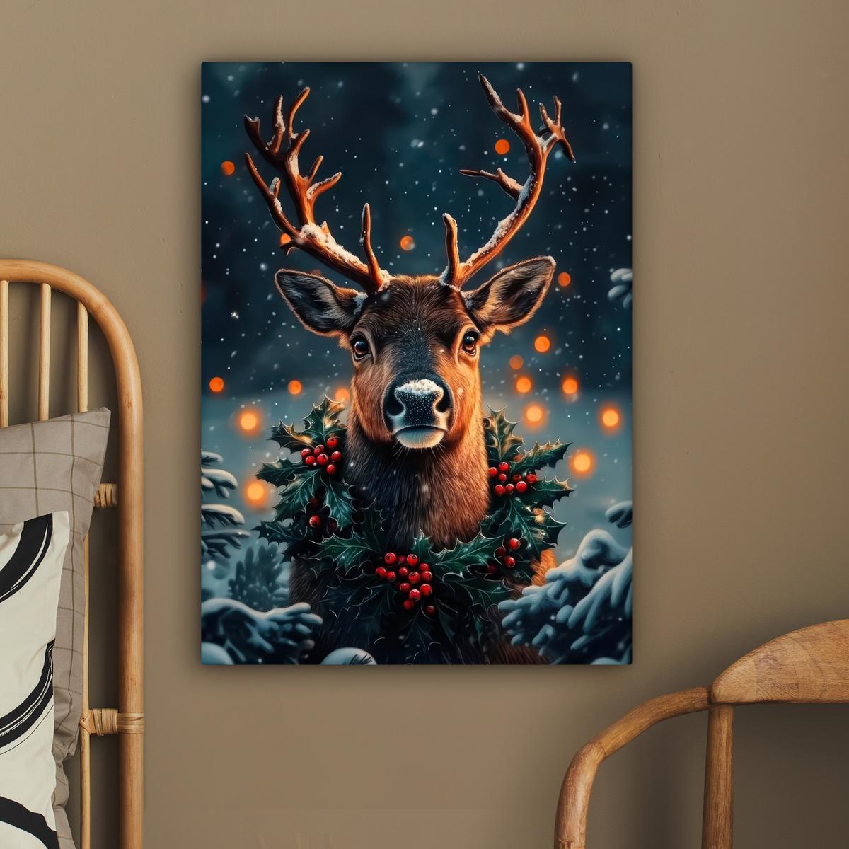 LEINWANDBILD Hirsch - Weihnachten - Winter - Schnee - Weihnachtskranz Wandbild Wohnzimmer 60x80 cm - Dunkelbraun, Textil (60/80cm) - MuchoWow