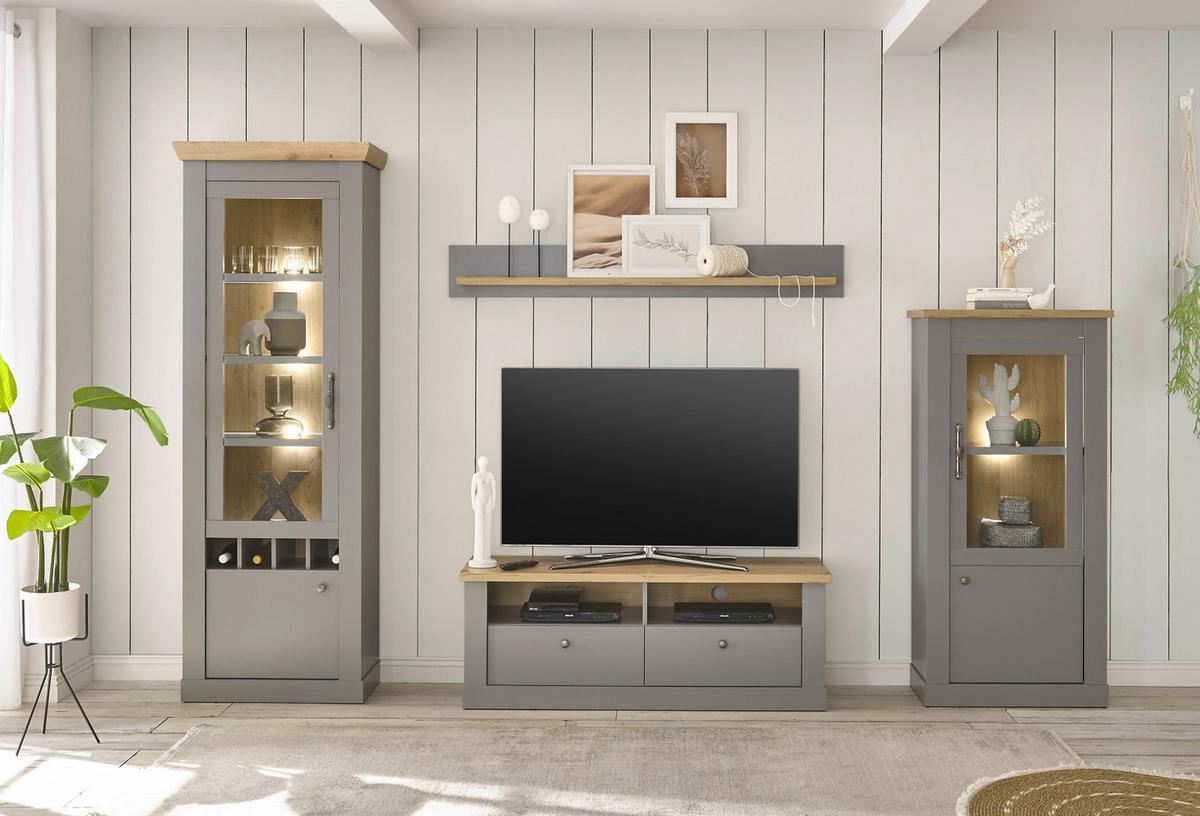 VITRINE grau, Artisan Eiche Landhaus 71 cm, Vitrinenschrank mit Weinregal - Silberfarben/Hellgrau, Glas/Holzwerkstoff (71/201/37cm) - Furn.Design