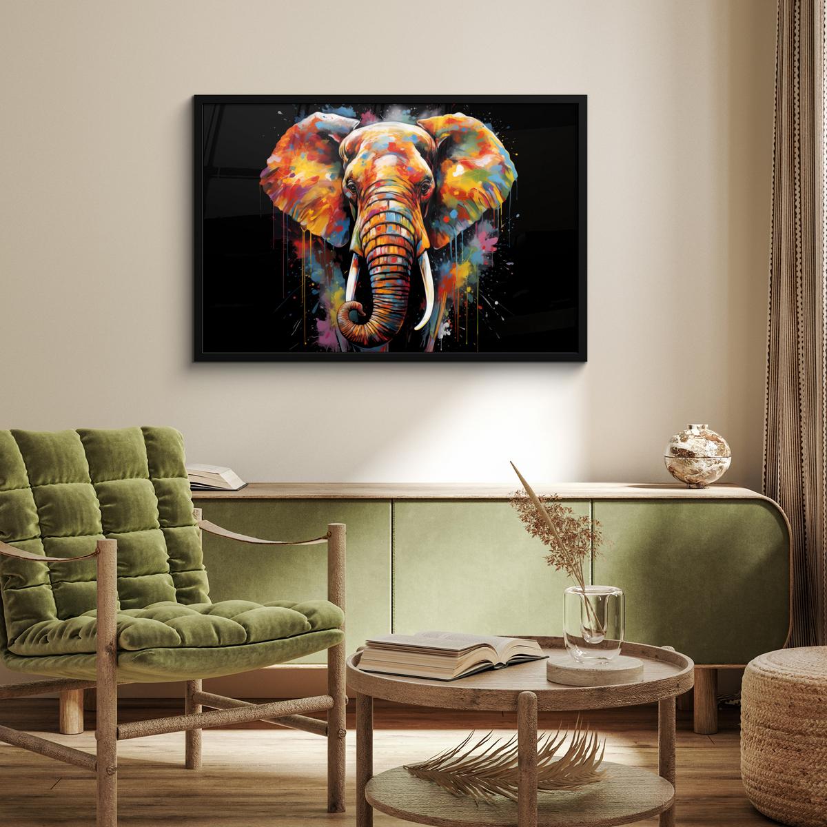 POSTER MIT RAHMENGERAHMTES BILD Elefant - Graffiti - Schwarz - Tiere - Farben 90x60 cm - Schwarz, Papier (90/60cm) - MuchoWow