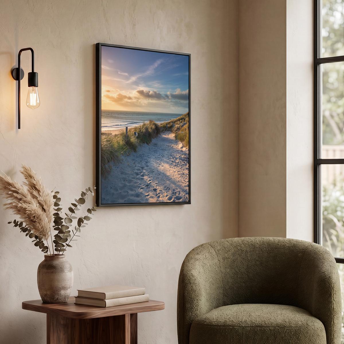 LEINWAND Bilder mit Rahmen - Sonnenuntergang - Strand - Düne - Gras - Ufer - 60x80 - Sandfarben, Textil (60/80cm) - MuchoWow
