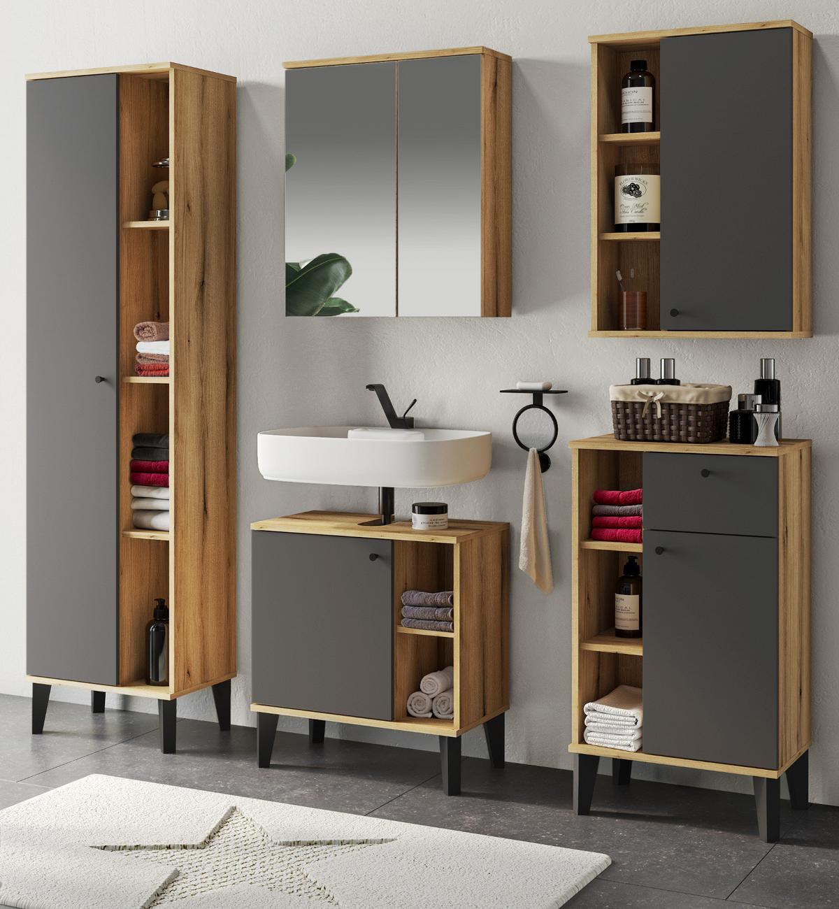 BADMÖBEL-SET 5-teilig grau, Evoke Eiche, Badkombination 182 x 190 cm - Eichefarben/Grau, Glas/Holzwerkstoff (182/190/33cm) - Furn.Design