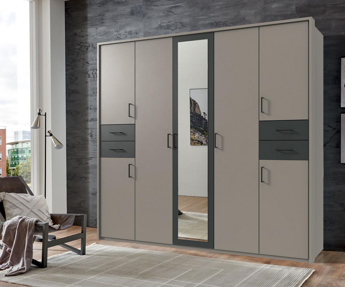 DREHTÜRENSCHRANK B228/H210/T58 cm, Sandgrau mit Absetzungen in Grafit, Kleiderschrank mit Passepartout&1Spiegeltür&Schubkästen, Griffe schwarz/ 22573 - Sandfarben/Schwarz, Holzwerkstoff/Kunststoff (228/210/58cm) - luma-home