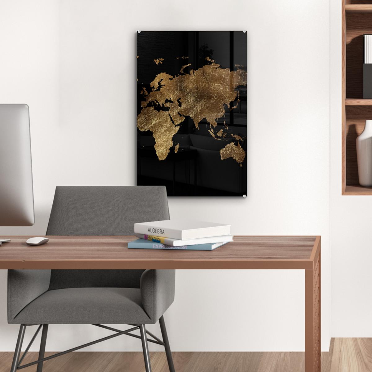 ACRYLGLASBILD Weltkarte - Gold - Luxus - Erde - Schwarz Wanddeko Wohnzimmer 40x60 cm - Goldfarben, Glas (40/60cm) - MuchoWow