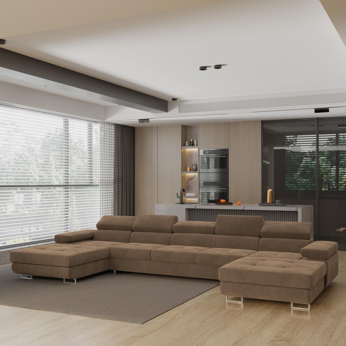 WOHNLANDSCHAFT OMBRA Beige Velours-Stoff mit Schlaffunktion - Beige, Holz (425/90/202cm) - MASSENO