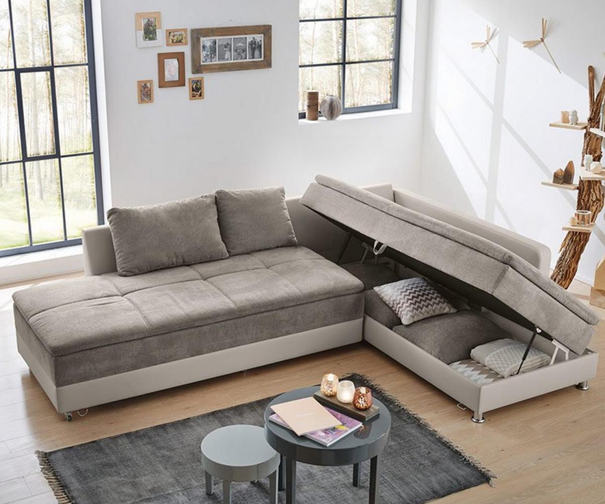 ECKSOFA-DAUERSCHLÄFER Doppelbett Boxspring Federkern Topper, Schwenkteil links B306/T223/H95 cm, Kunstleder Beige+Mikrofaser Graubraun / 15101 - Chromfarben/Graubraun, Kunststoff/Textil (306/223cm) - luma-home