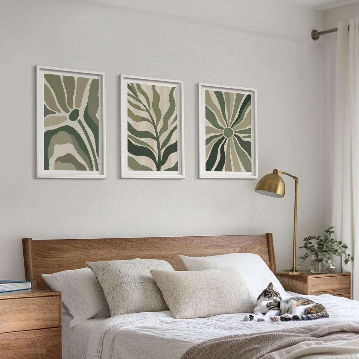 BILDER SET 3er Set - 40x60 cm Weißer Rahmen - Grüne und beige Pflanzenmuster - Weiß, Kunststoff (40/60cm) - TULUP
