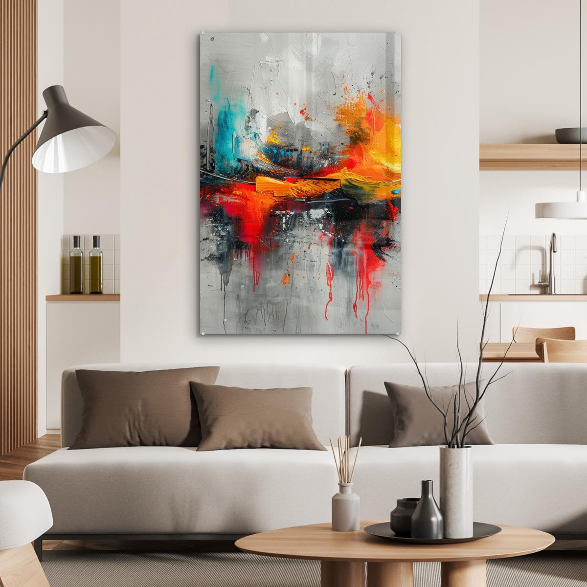 ACRYLGLASBILD Moderne Kunst - Orange - Grau - Abstrakt 80x120 cm - Hellgrau, Glas (80/120cm) - MuchoWow