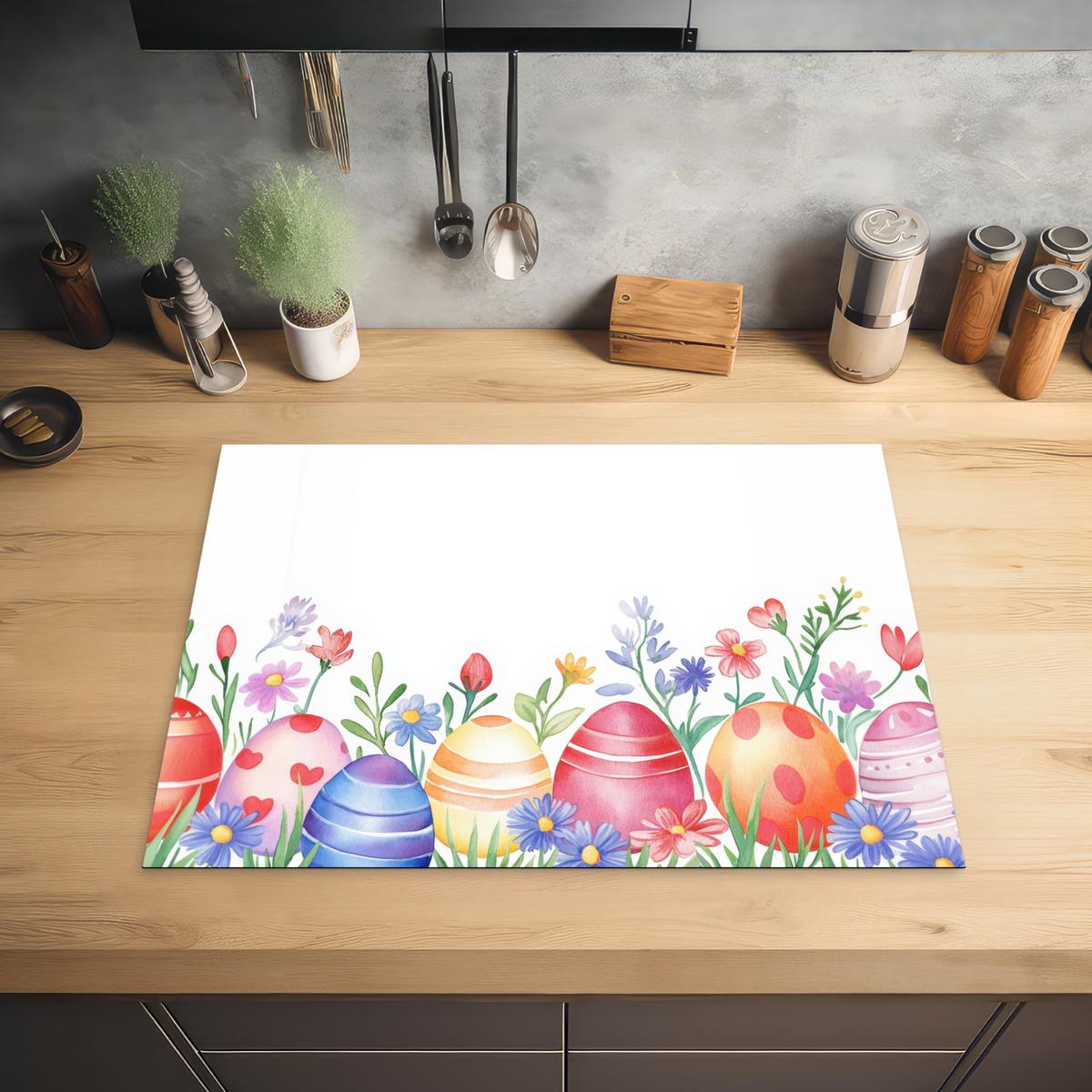 HERDABDECKPLATTE Blumengarten - Bunt - Eier Induktionsmatte 71x52 cm - Weiß, Kunststoff (71/52/0.2cm) - MuchoWow