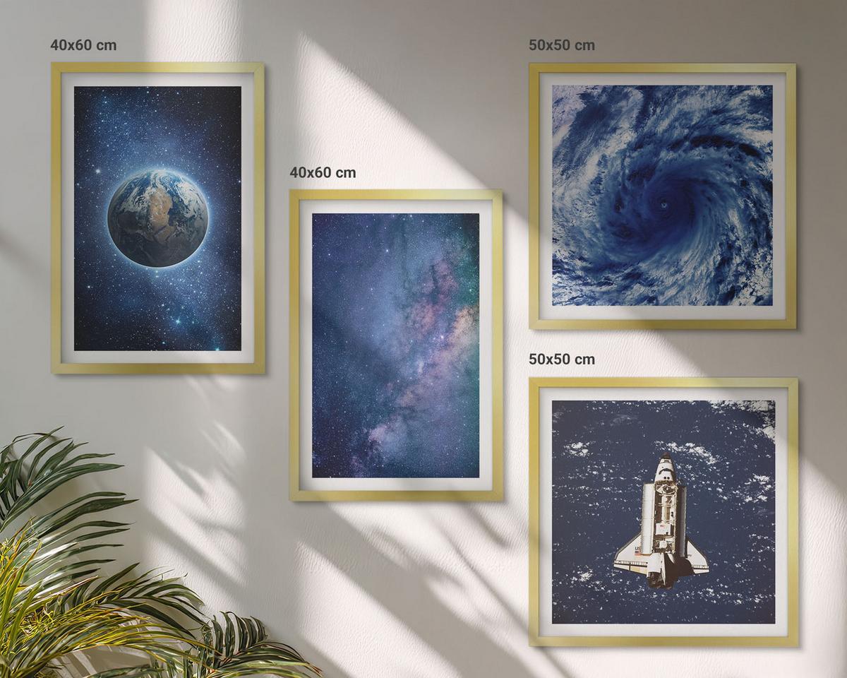 BILDER SET 4er Set - 50x50 cm & 40x60 cm Goldrahmen - Erde Weltraumsturm Galaxie - Goldfarben, Kunststoff (50/50cm) - TULUP