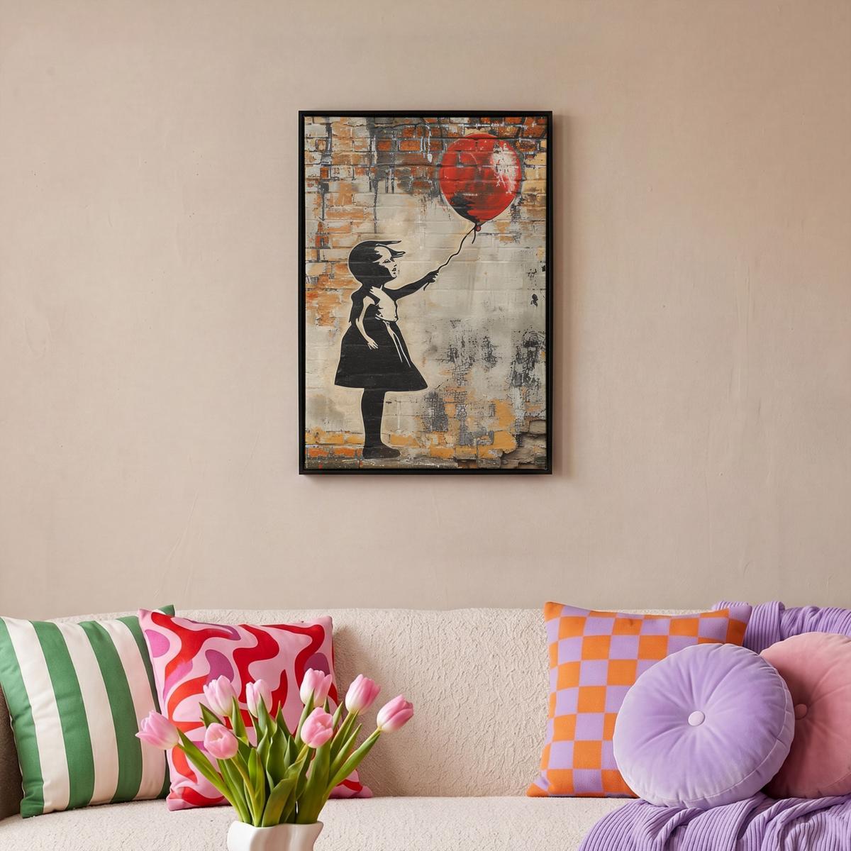 LEINWAND Bilder mit Rahmen - Graffiti - Banksy - Mädchen - Straßenkunst - 40x60 - Sandfarben, Textil (40/60cm) - MuchoWow