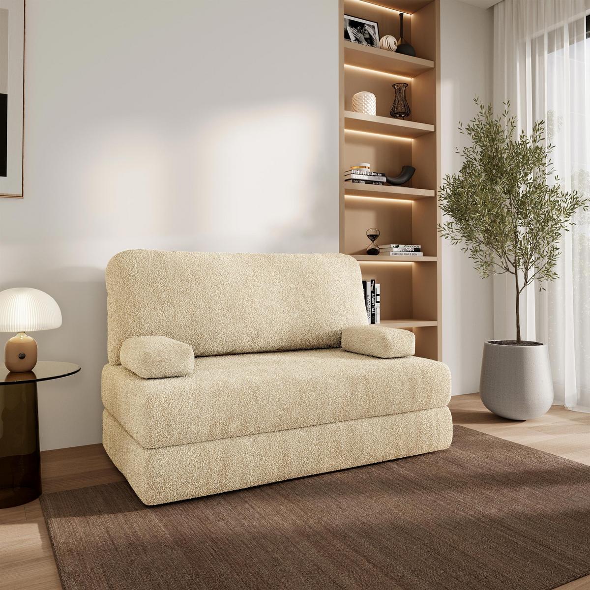 BETTSOFA KESTE aus Schaumstoff Bucle-Stoff Creme Schlaffunktion - Creme, Textil (140/86/60cm) - MASSENO