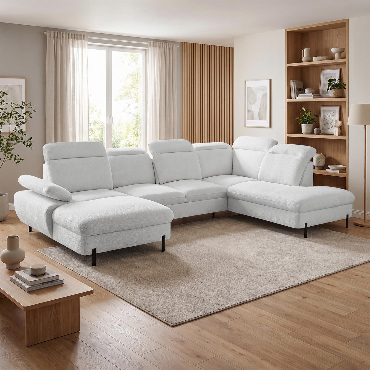 WOHNLANDSCHAFT Sora U mit Schlaffunktion und verstellbarer Sitztiefe, Kopfstützen und Armlehne, 365 cm, Hellgrau, Links - Hellgrau/Schwarz, Textil (365/107/235cm) - Beautysofa