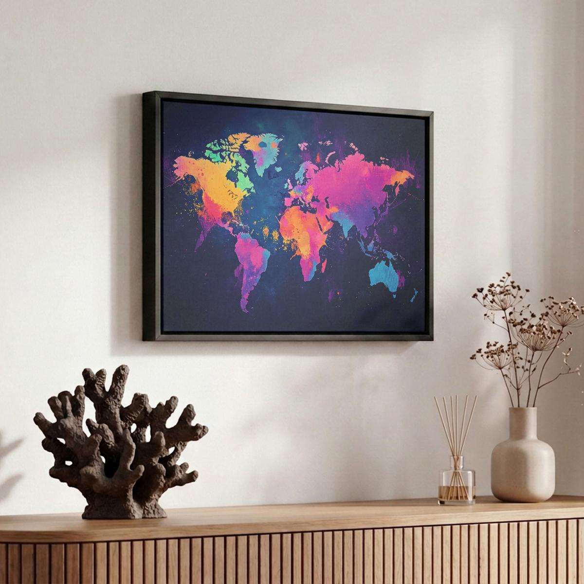 LEINWAND Bilder mit Rahmen - Weltkarte - Bunt - Graffiti - 30x20 - Multicolor, Textil (30/20cm) - MuchoWow