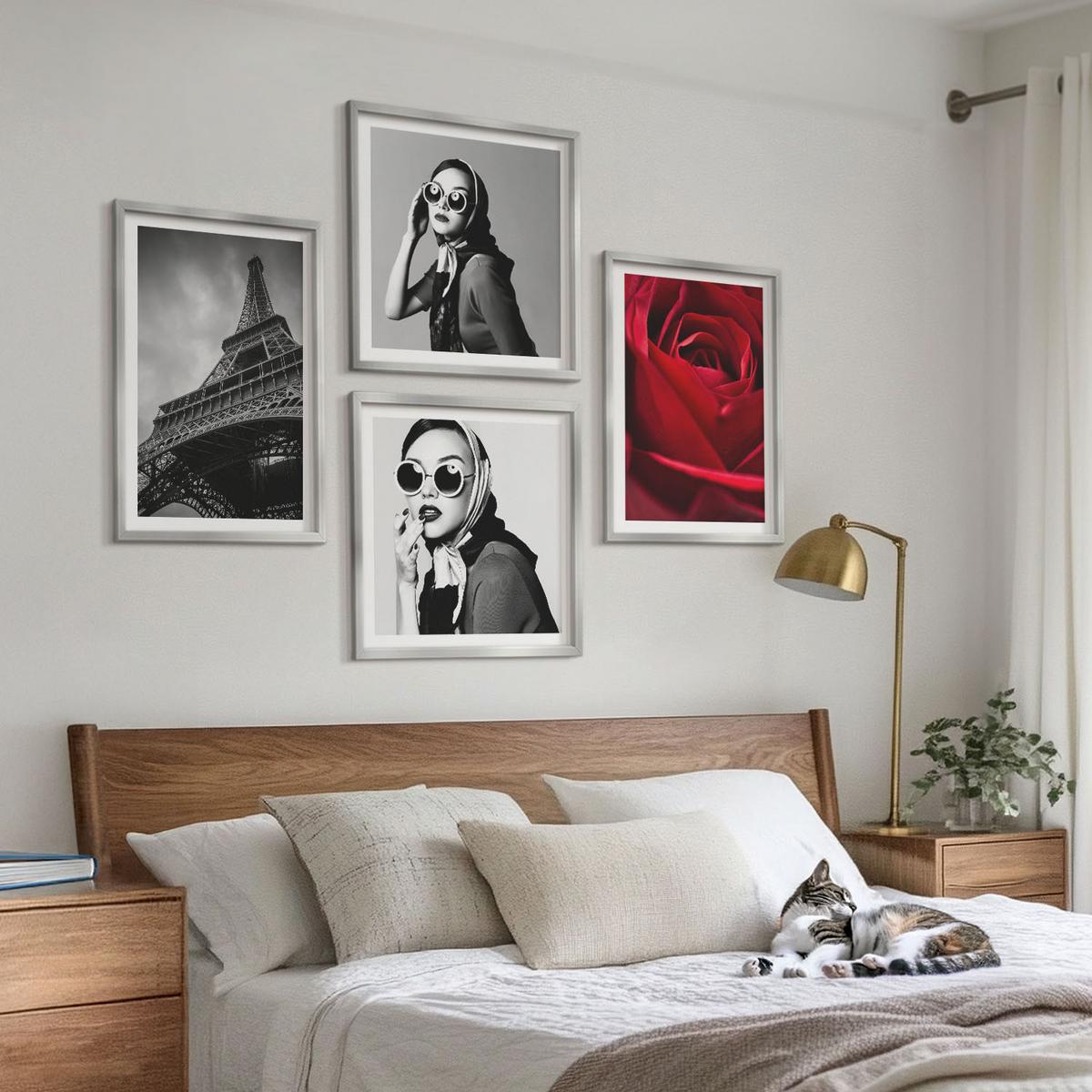 BILDER SET 4er Set - 50x50 cm & 40x60 cm Silberner Rahmen - Pariserin mit Eiffelturmbrille - Silberfarben, Kunststoff (50/50cm) - TULUP