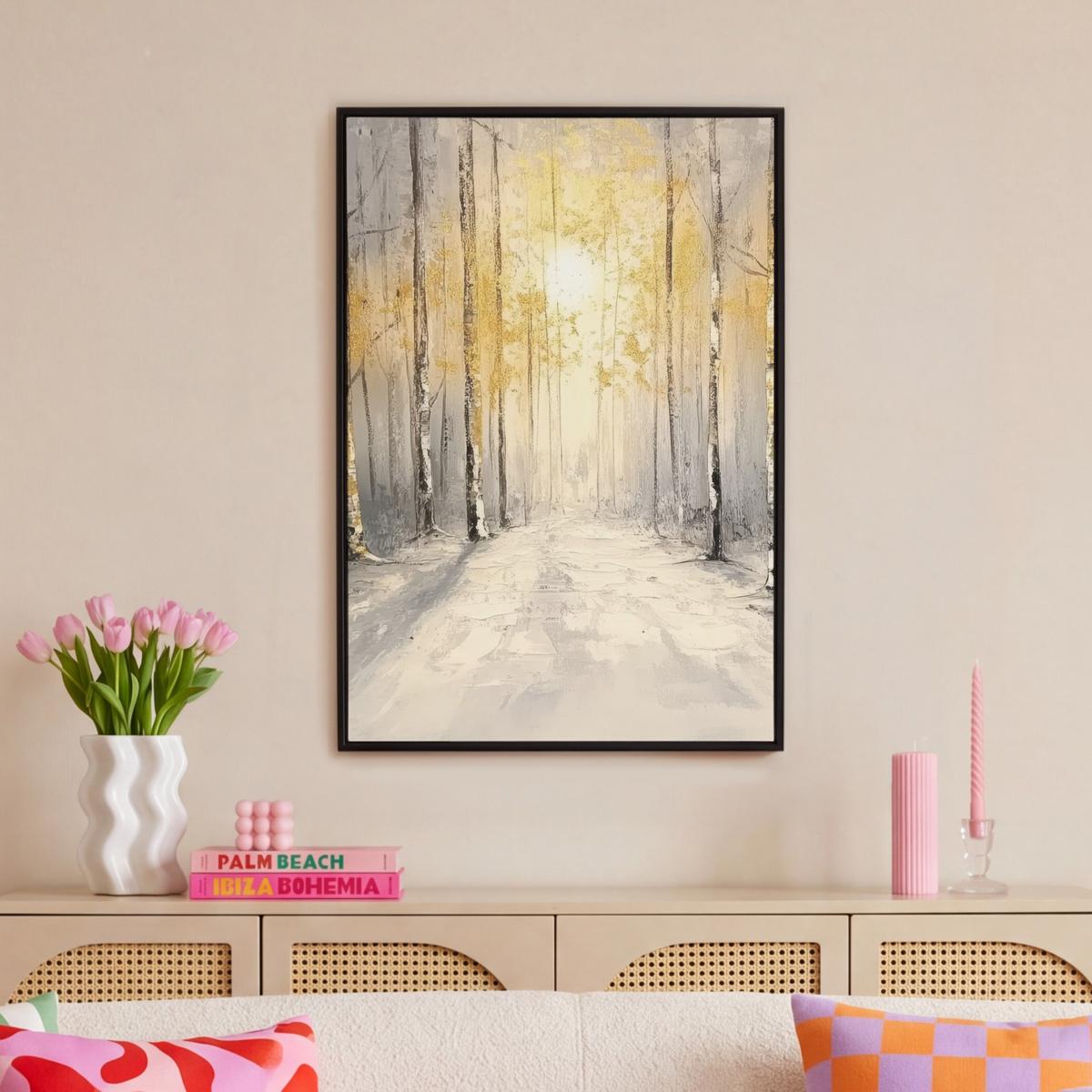 LEINWAND Bilder mit Rahmen - Winter - Abstrakt - Schnee - Natur - Sonne - 60x90 - Grau, Textil (60/90cm) - MuchoWow