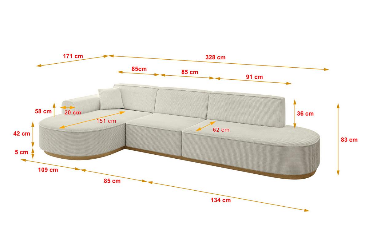 ECKSOFA Ottomane Links MARI-L2-v2 - 328x171x83 cm Creme Cord - Hellgrau/Creme, Holzwerkstoff/Textil (328/171cm) - ALTDECOR