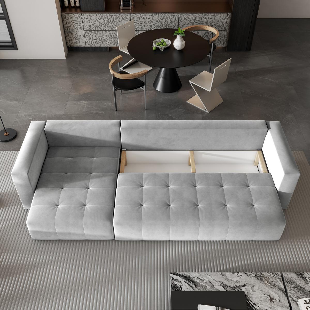 ECKSOFA OLVERA Hellgrau Plüsch-Stoff mit Schlaffunktion - Hellgrau, Holz (347/148cm) - MASSENO