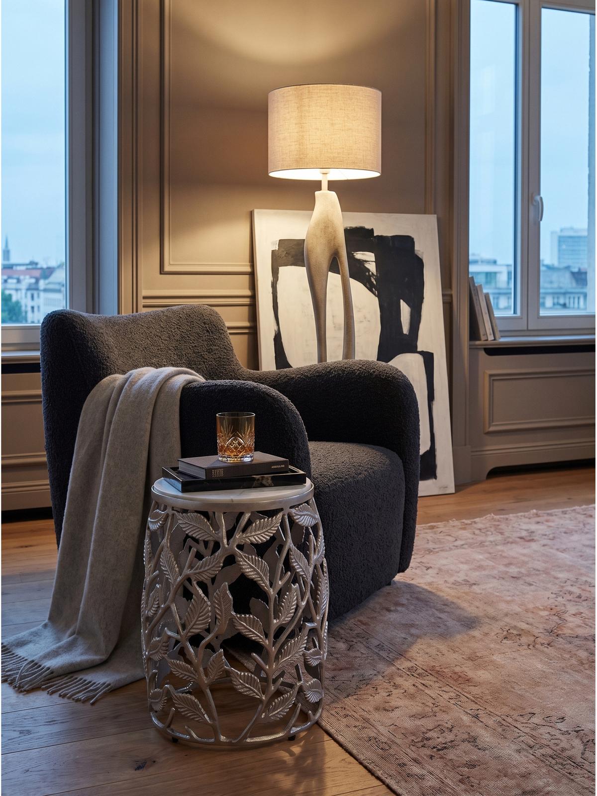 BEISTELLTISCH ALASSIO, Marmor, handgefertigt, Silber-Weiß, Ø 40 x 46 cm - Silberfarben, Stein/Metall (40/40/46cm) - KADIMA DESIGN