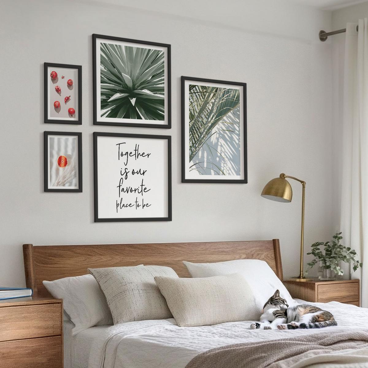BILDER SET 5er Set - 50x50 cm & 20x30 cm & 40x60 cm Schwarzer Rahmen - Feiertags-Palmenfrucht-Inschrift - Schwarz, Kunststoff (40/60cm) - TULUP