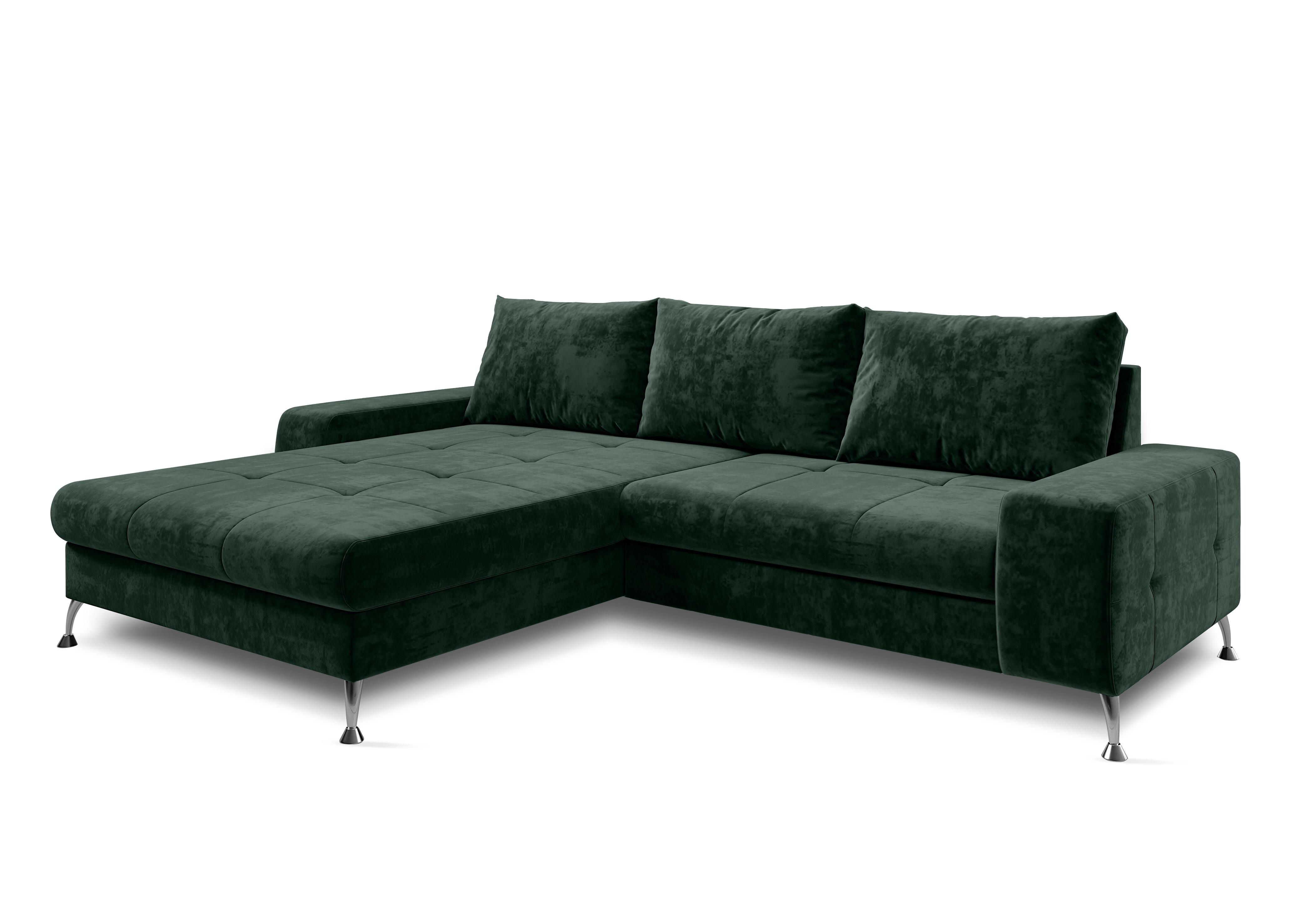ECKSOFA L Form Artemia Grün Samt 275/192/81 cm – modernes Sofa fürs Wohnzimmer L - Silberfarben/Grün, Textil/Metall (192/275cm) - AX Living