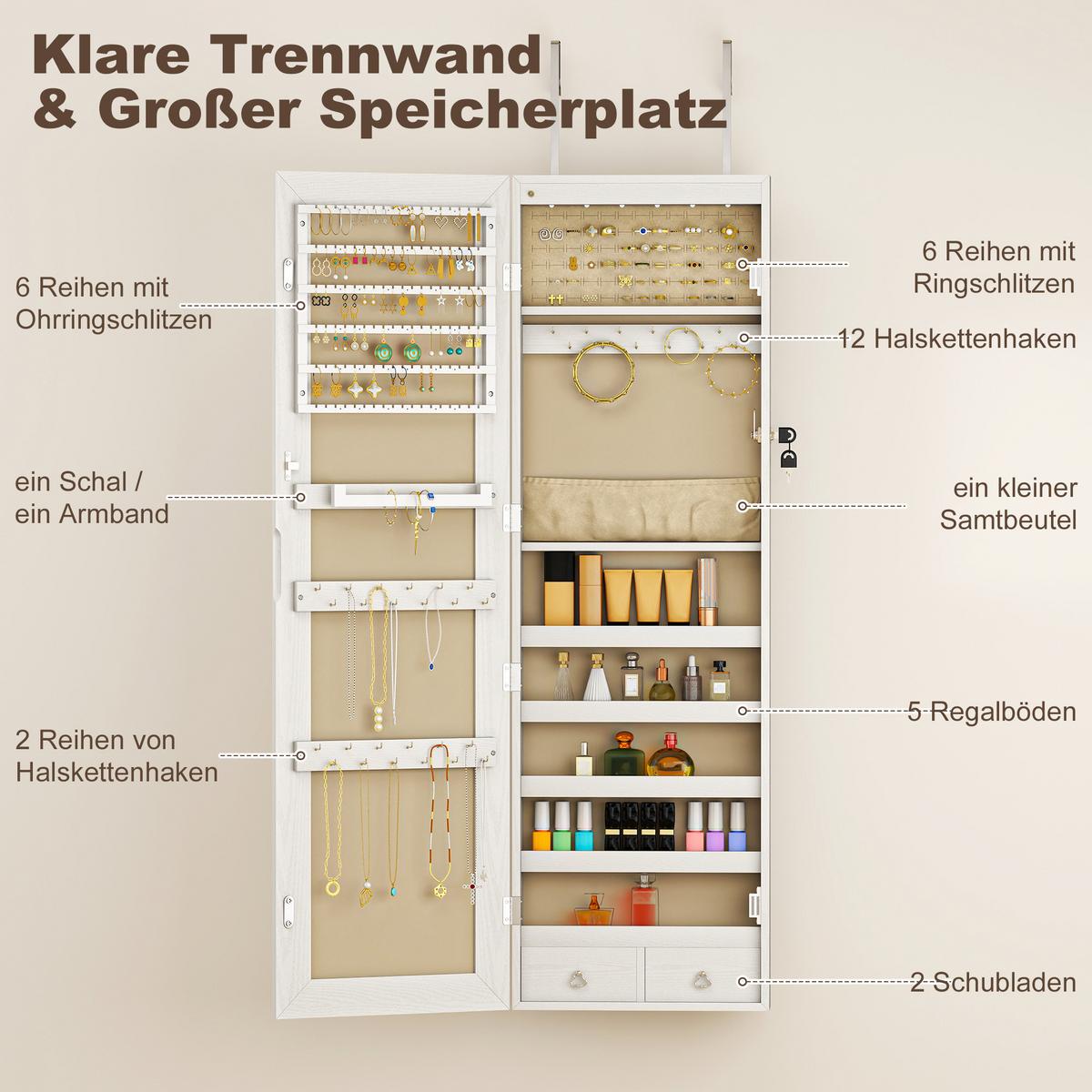 SCHMUCKSCHRANK MDF Glasspiegel Cremeweiß - Weiß, Holzwerkstoff (10/120/37cm) - HOMCOM