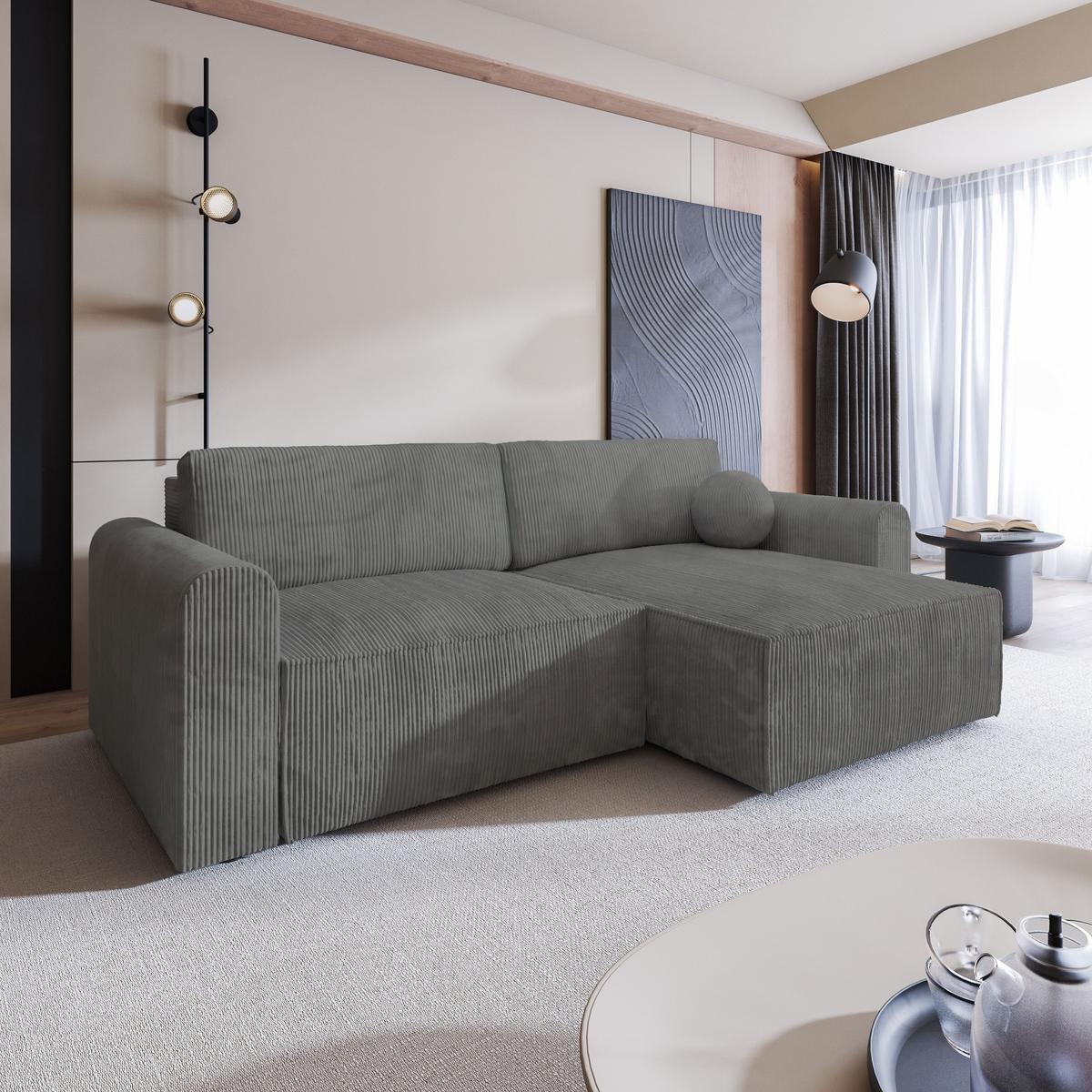 ECKSOFA FIANO P Grau Kordstoff mit Schlaffunktion - Grau, Holz/Kunststoff (245/148cm) - MASSENO