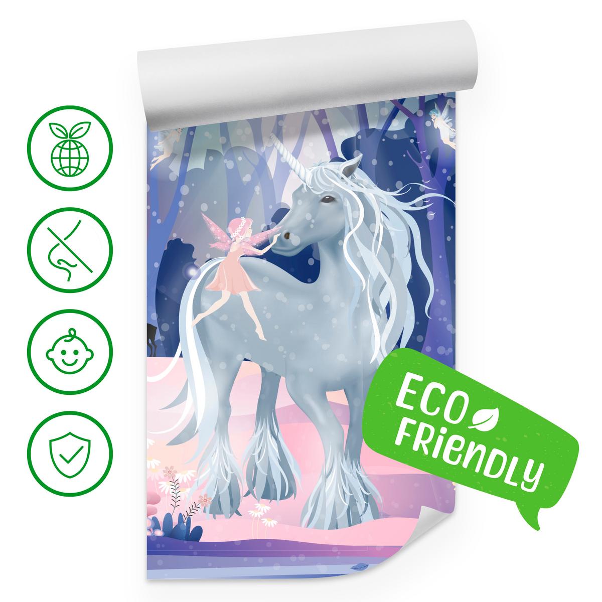 FOTOTAPETE für Kinderzimmer Einhorn Feen Magischer Wald 300x210 - Blau/Violett, Papier (300/210cm) - Muralo