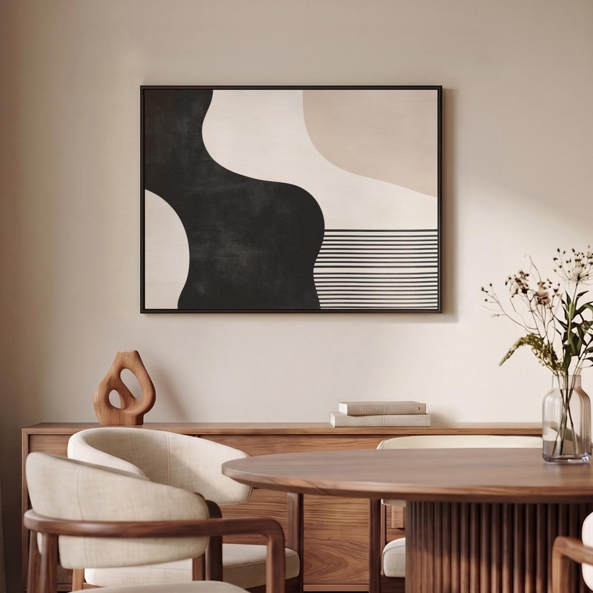 LEINWAND Bilder mit Rahmen - Abstrakt - Japandi - Beige - Modern - 80x60 - Schwarz, Textil (80/60cm) - MuchoWow